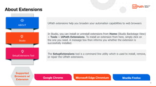 2
About Extensions
ABOUT
Studio
UiPath extensions help you broaden your automation capabilities to web browsers
In Studio,...