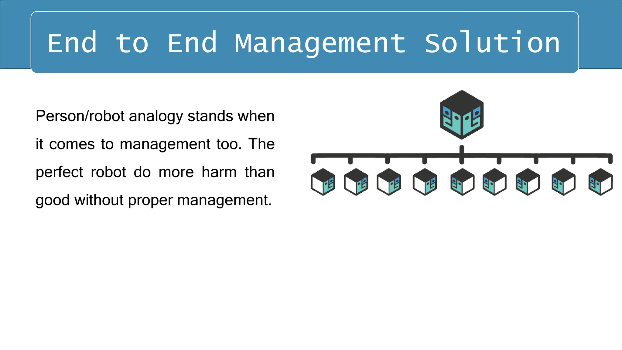 Person/robot analogy stands when
it comes to management too. The
perfect robot do more harm than
good without proper management.
End to End Management Solution
 