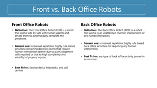 Front Office Robots
• Definition: The Front Office Robot (FOR) is a robot
that works side by side with human agents and
assists them to automatically complete the
processes.
• General use: in manual, repetitive, highly rule-based
activities containing decision points that require
human intervention (either due to pure judgement
calls required or due to high complexity and
volatility of process inputs).
• Best fit for: Service desks, helpdesks, and call
centres
Back Office Robots
• Definition: The Back Office Robot (BOR) is a robot
that works in an unattended manner, independent of
any human interaction.
• General use: in manual, repetitive, highly rule based
back office activities not requiring any human
intervention.
• Best fit for: any type of back office activity prone for
automation.
Front vs. Back Office Robots
 