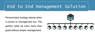 Person/robot analogy stands when
it comes to management too. The
perfect robot do more harm than
good without proper management.
End to End Management Solution
 