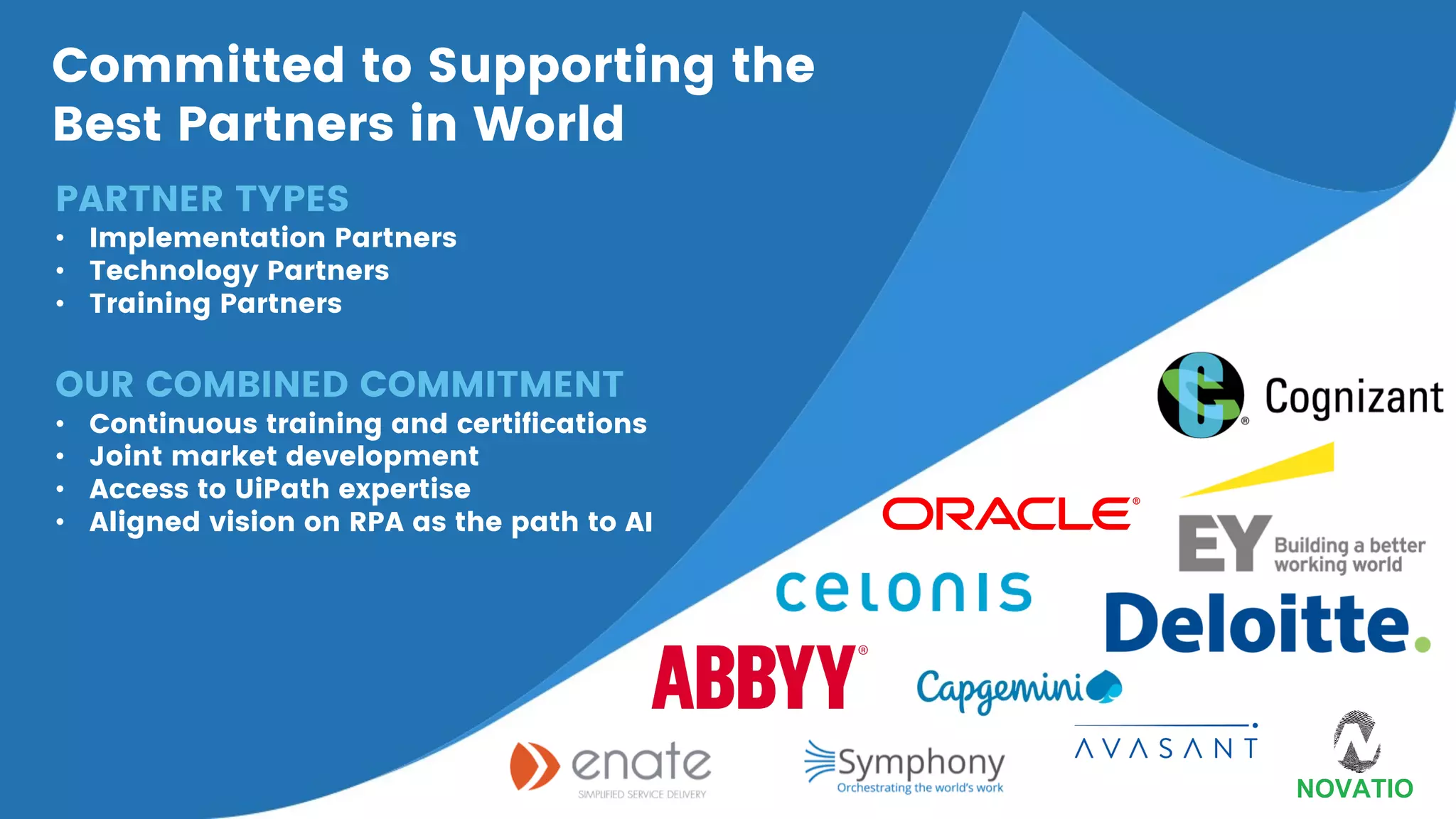 Committed to Supporting the
Best Partners in World
PARTNER TYPES
• Implementation Partners
• Technology Partners
• Training Partners
OUR COMBINED COMMITMENT
• Continuous training and certifications
• Joint market development
• Access to UiPath expertise
• Aligned vision on RPA as the path to AI
 