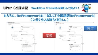 UiPath Go!探求記 Workflow Translator実行して見よう！
もちろん、ReFrameworkも！試しに「中国語版ReFramework」
（２分ぐらいお待ちください。）
完了
変換
 