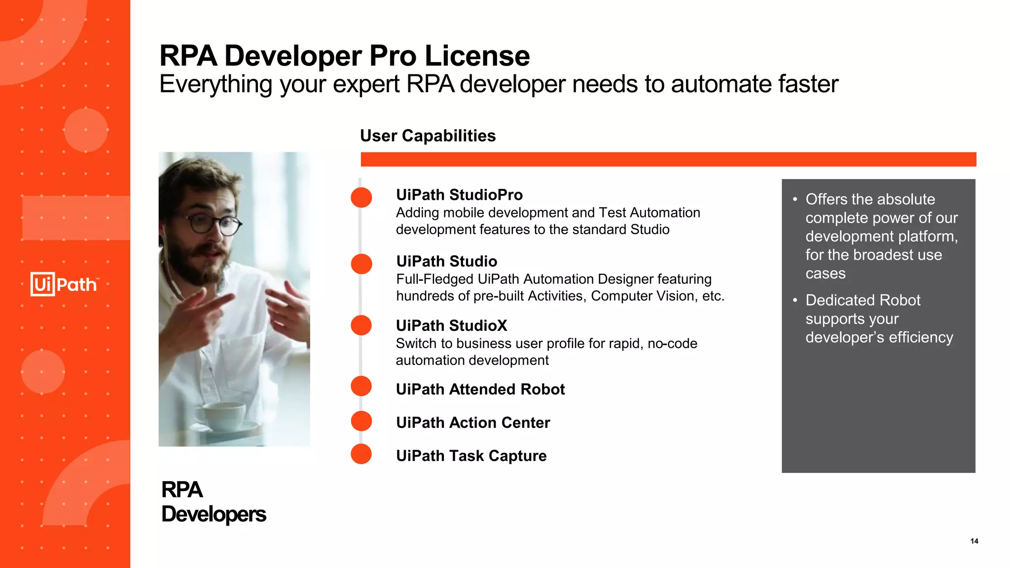 14
RPA Developer Pro License
Everything your expert RPA developer needs to automate faster
RPA
Developers
User Capabilities
• Offers the absolute
complete power of our
development platform,
for the broadest use
cases
• Dedicated Robot
supports your
developer’s efficiency
UiPath StudioPro
Adding mobile development and Test Automation
development features to the standard Studio
UiPath Studio
Full-Fledged UiPath Automation Designer featuring
hundreds of pre-built Activities, Computer Vision, etc.
UiPath Action Center
UiPath Task Capture
UiPath Attended Robot
UiPath StudioX
Switch to business user profile for rapid, no-code
automation development
 