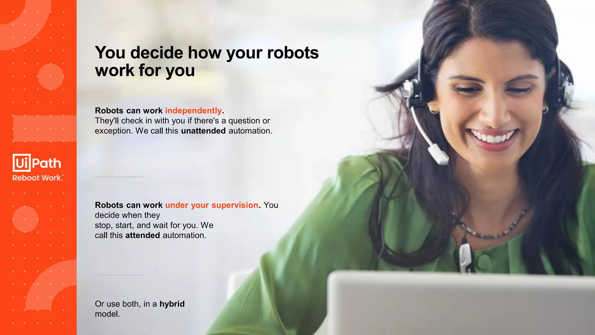 22
You decide how your robots
work for you
Robots can work independently.
They'll check in with you if there's a question or
exception. We call this unattended automation.
Robots can work under your supervision. You
decide when they
stop, start, and wait for you. We
call this attended automation.
Or use both, in a hybrid
model.
 
