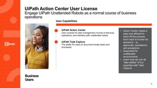 10
UiPath Action Center User License
Engage UiPath Unattended Robots as a normal course of business
operations
Business
Users
User Capabilities
UiPath Action Center
User console for task management, human-in-the-loop
operations, and interface with unattended robots
UiPath Task Capture
The ability for users to document locally tasks and
processes
• Action Center makes it
easy and efficient to
hand off the process
from robot to human for
decisions – ie.
approvals, escalations,
and exceptions
• Supported for
unattended
environments
• Learn how we can all
“take selfies” of our
expertise with Task
Capture
 