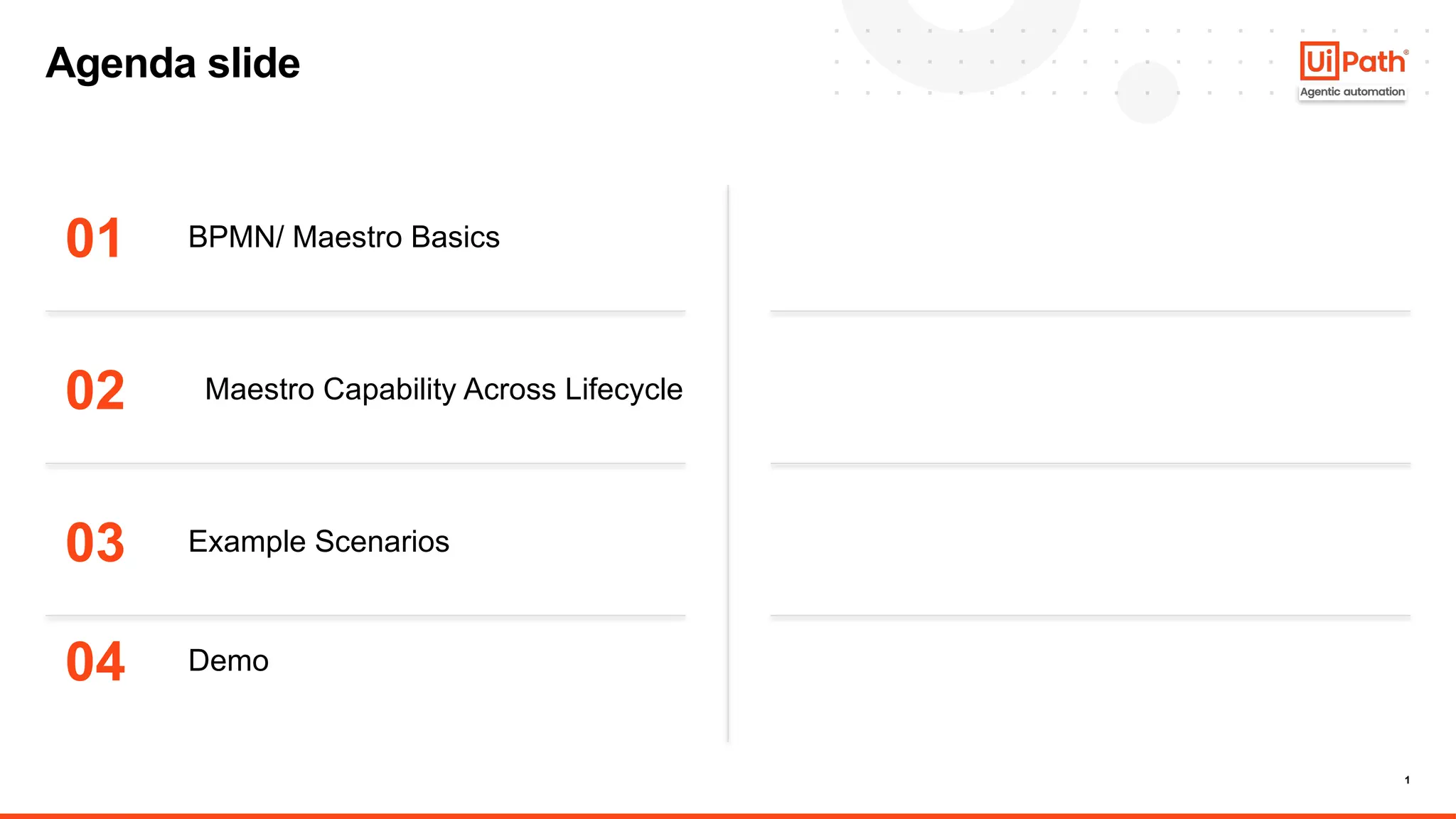 1
Agenda slide
01
02
03
BPMN/ Maestro Basics
Maestro Capability Across Lifecycle
Example Scenarios
04 Demo
 