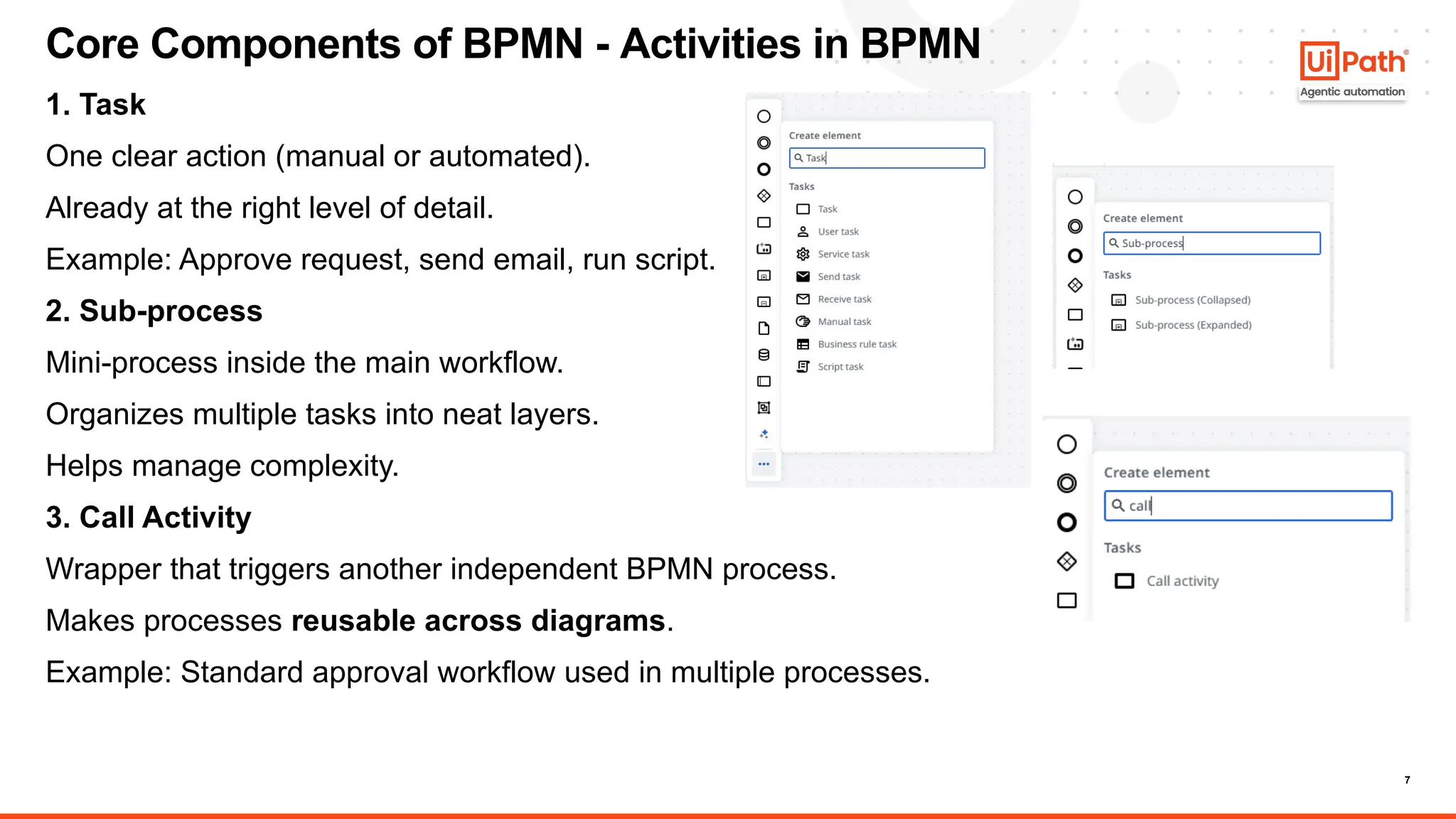 7
1. Task
One clear action (manual or automated).
Already at the right level of detail.
Example: Approve request, send email, run script.
2. Sub-process
Mini-process inside the main workflow.
Organizes multiple tasks into neat layers.
Helps manage complexity.
3. Call Activity
Wrapper that triggers another independent BPMN process.
Makes processes reusable across diagrams.
Example: Standard approval workflow used in multiple processes.
Core Components of BPMN - Activities in BPMN
 