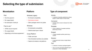 18
Monetization Platform Type of component
Selecting the type of submission
Paid
Free to use *
• One time payment
• Per usage (SaaS)
• No subscription model yet
• UiPath account required
• Per usage (SaaS)
• Depending on the license agreement *
Windows Legacy
Windows
Cross-Platform
• No forward compatibility
• Submissions closed
• Older packages need to be update
• No backwards compatibility
• Default project type in Studio
• Wider user base
• Not all standard activities are available
• Needs to be tested on all platforms
Activity
Connector
Template
Solution
Tool
• A collection of activities published as a library
project in UiPath Studio of Visual Studio
• Activities which connect to features from other
products
• A set or collection of reuseable workflows
performing a function
• An approach which solves a single defined
problem
• A collection of solutions packaged together
• This in my view is the least published type of
component in UiPath Marketplace
Snippet
• A single reuseable workflow performing a
function
 