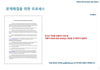 문제해결을 위한 프로세스
5
UiPath OCR Activity with Python
Problem
문서는 색상을 포함하고 있는데,
어째서 UiPath OCR Activity는 색상을 인식해주지 않을까?
*RPA 발표인 관계로 getBluePlus.py 코드에 대한 설명은 생략합니다.
 