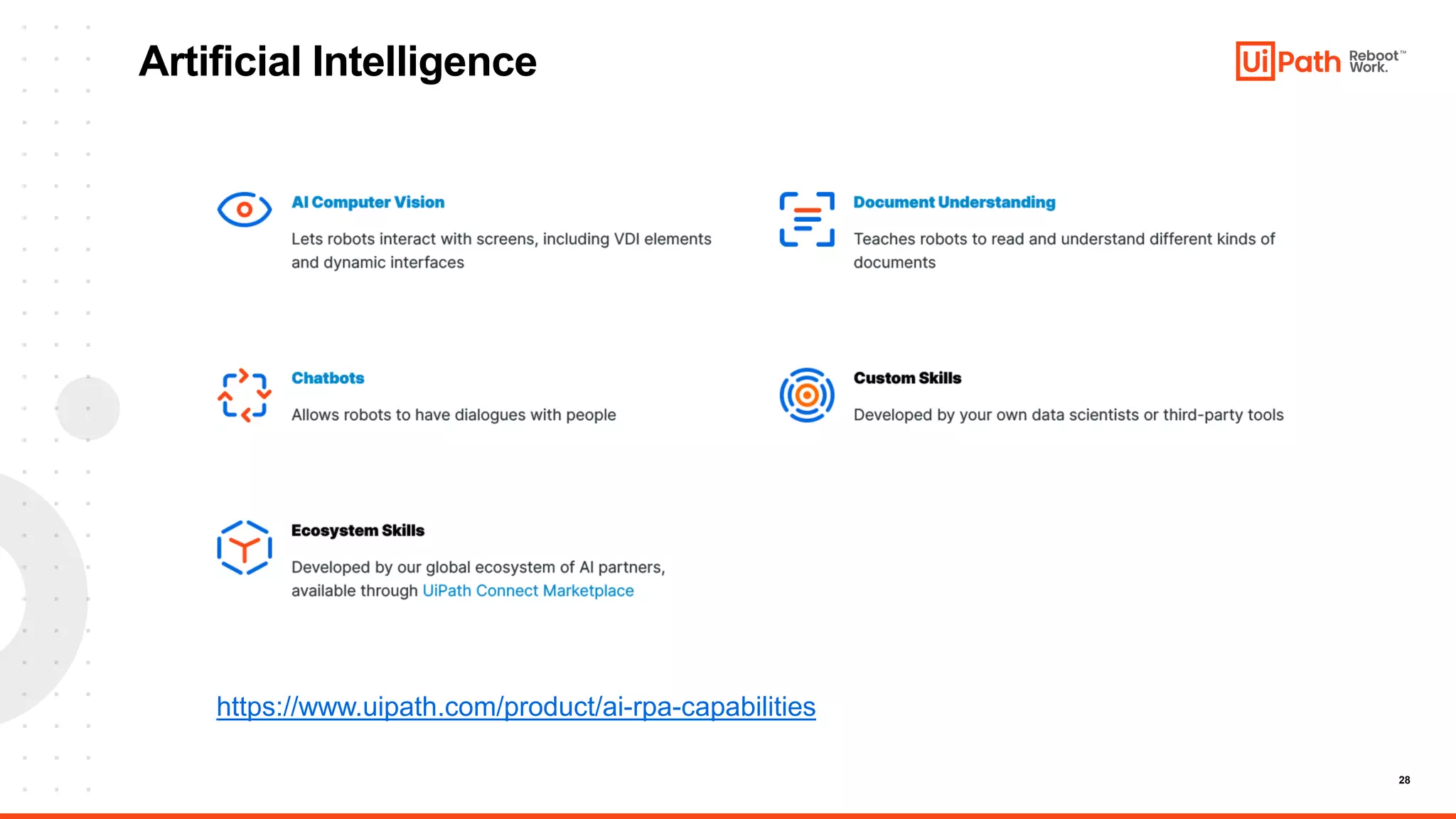 28
Artificial Intelligence
https://www.uipath.com/product/ai-rpa-capabilities
 