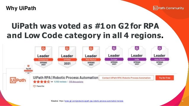 10
Why UiPath
Source: https://www.g2.com/products/uipath-rpa-robotic-process-automation/reviews
UiPath was voted as #1on G2 for RPA
and Low Code category in all 4 regions.
 