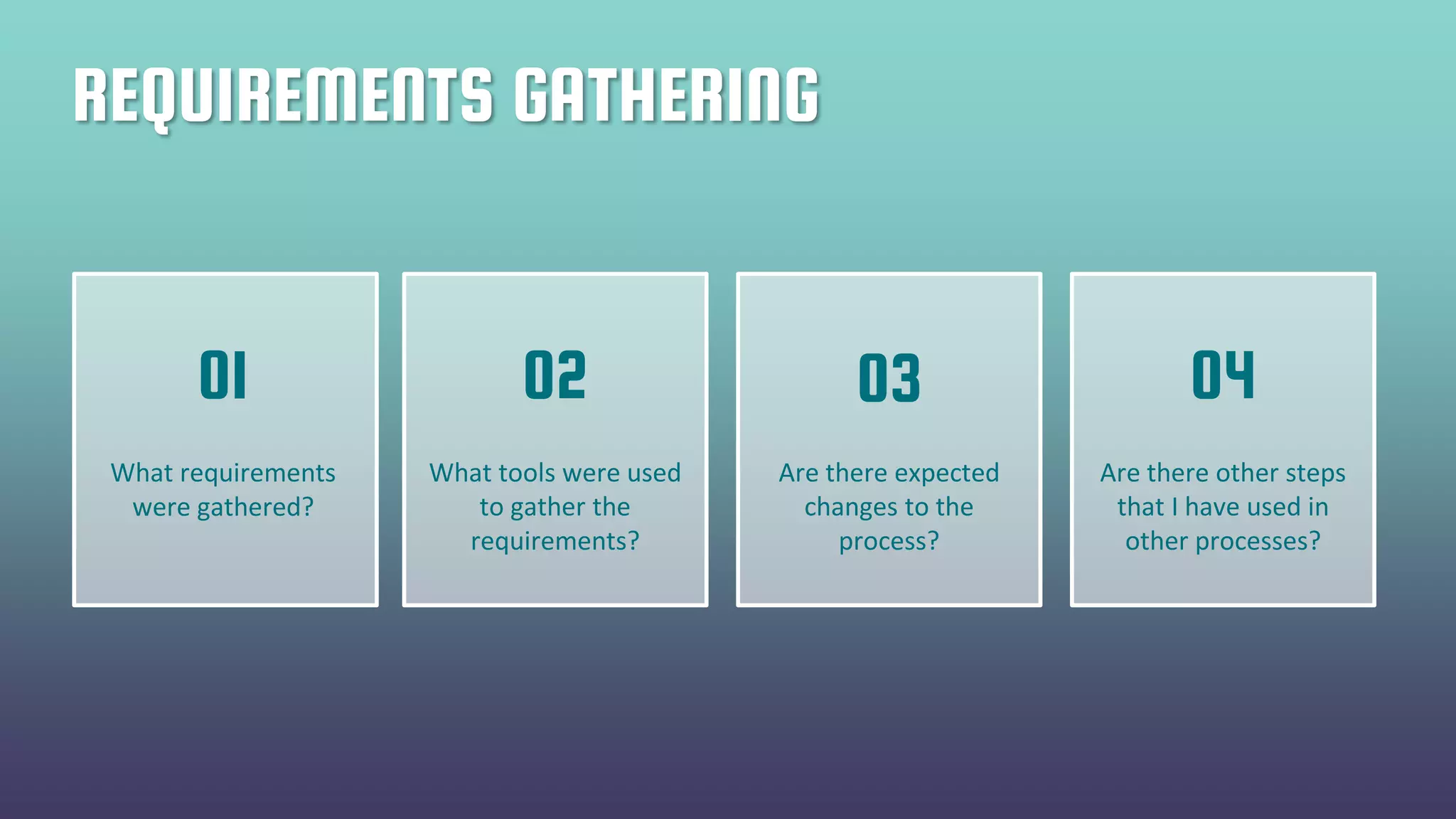 REQUIREMENTS GATHERING
What requirements
were gathered?
What tools were used
to gather the
requirements?
Are there expected
changes to the
process?
Are there other steps
that I have used in
other processes?
01 02 03 04
 