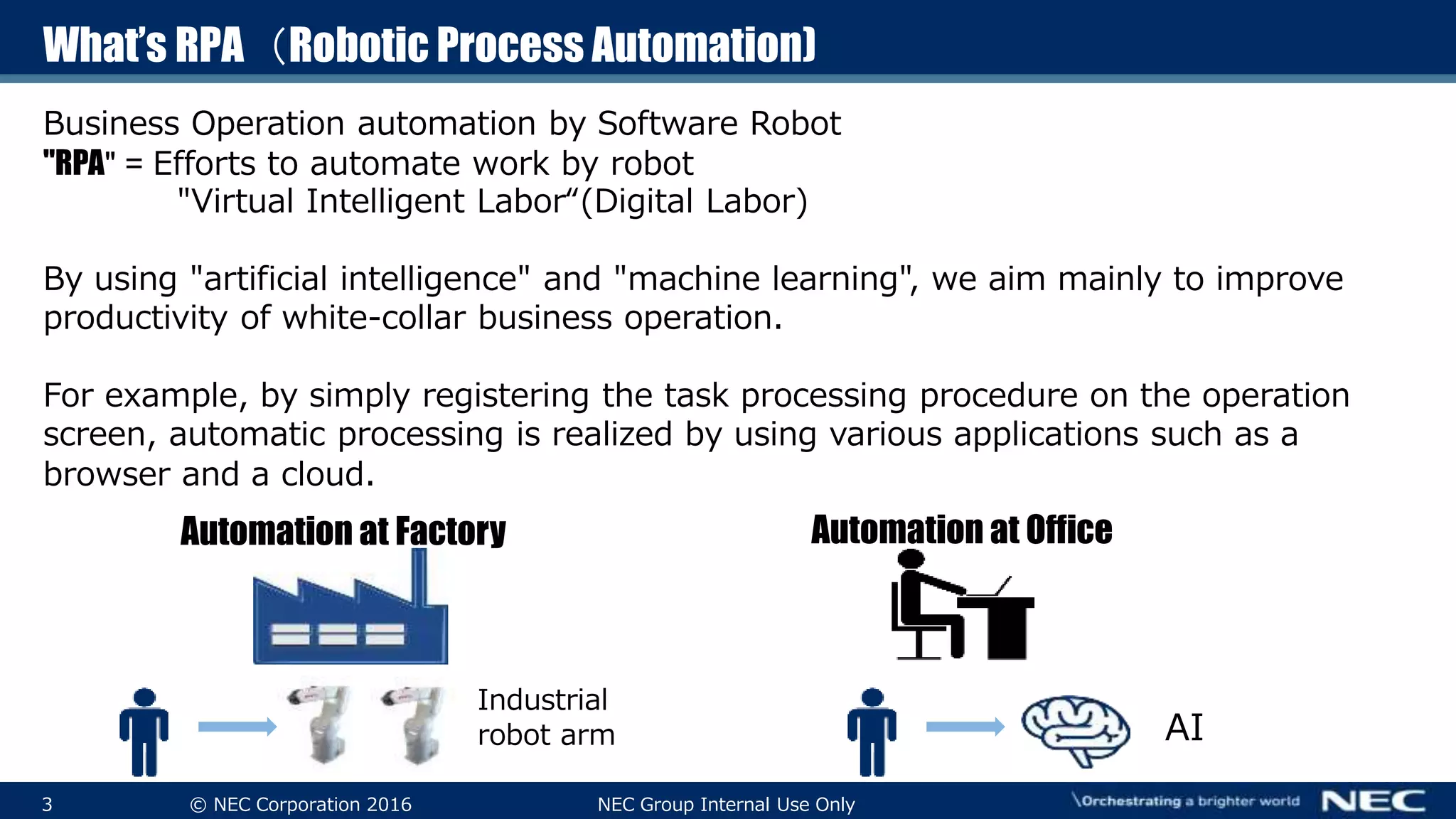 3 © NEC Corporation 2016 NEC Group Internal Use Only
Business Operation automation by Software Robot
"RPA" = Efforts to automate work by robot
"Virtual Intelligent Labor“(Digital Labor)
By using "artificial intelligence" and "machine learning", we aim mainly to improve
productivity of white-collar business operation.
For example, by simply registering the task processing procedure on the operation
screen, automatic processing is realized by using various applications such as a
browser and a cloud.
Automation at Factory
Industrial
robot arm
Automation at Office
AI
What’s RPA（Robotic Process Automation)
 