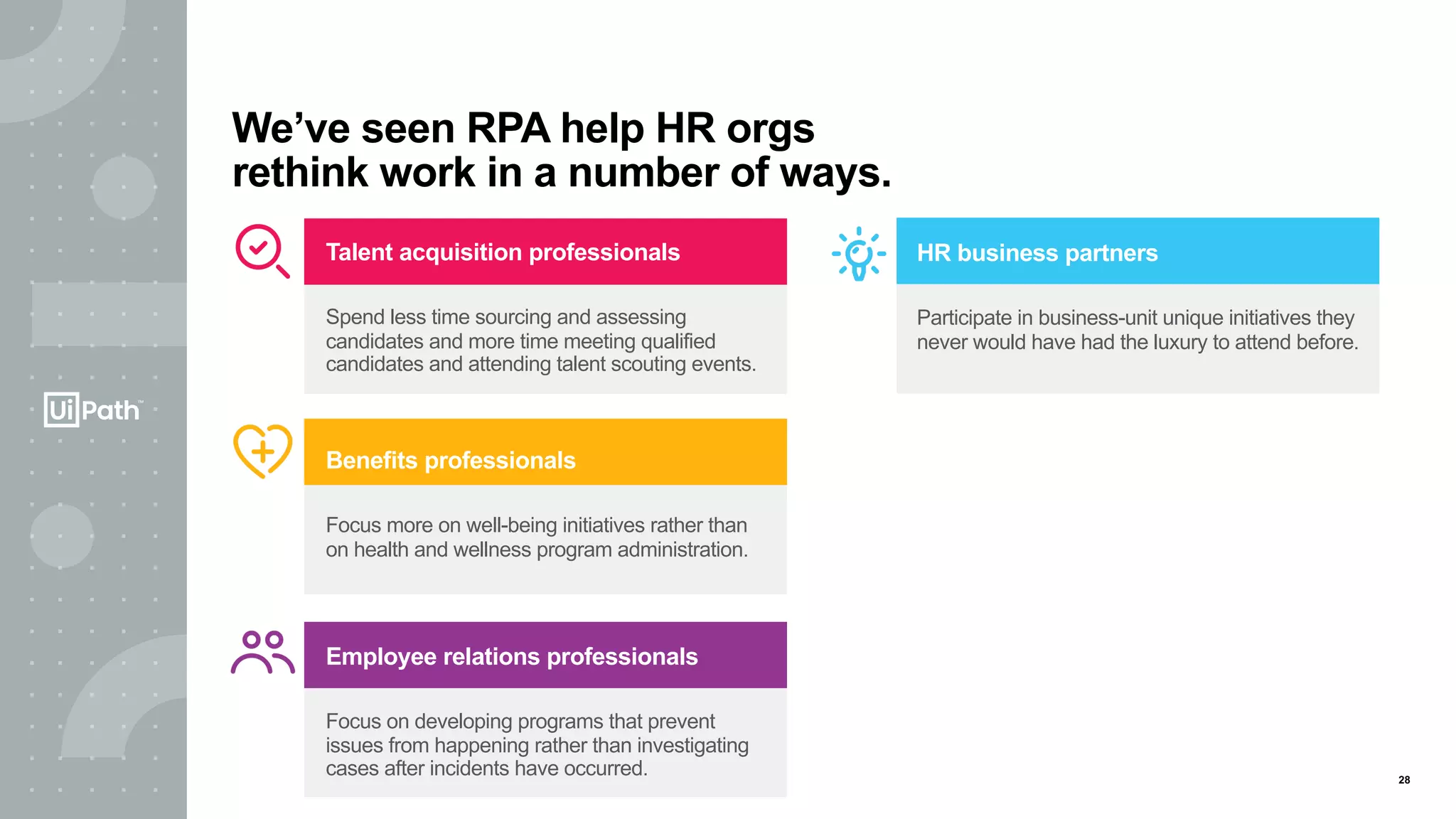 28
We’ve seen RPA help HR orgs
rethink work in a number of ways.
Benefits professionals
Focus more on well-being initiatives rather than
on health and wellness program administration.
Employee relations professionals
Focus on developing programs that prevent
issues from happening rather than investigating
cases after incidents have occurred.
HR business partners
Participate in business-unit unique initiatives they
never would have had the luxury to attend before.
Talent acquisition professionals
Spend less time sourcing and assessing
candidates and more time meeting qualified
candidates and attending talent scouting events.
 