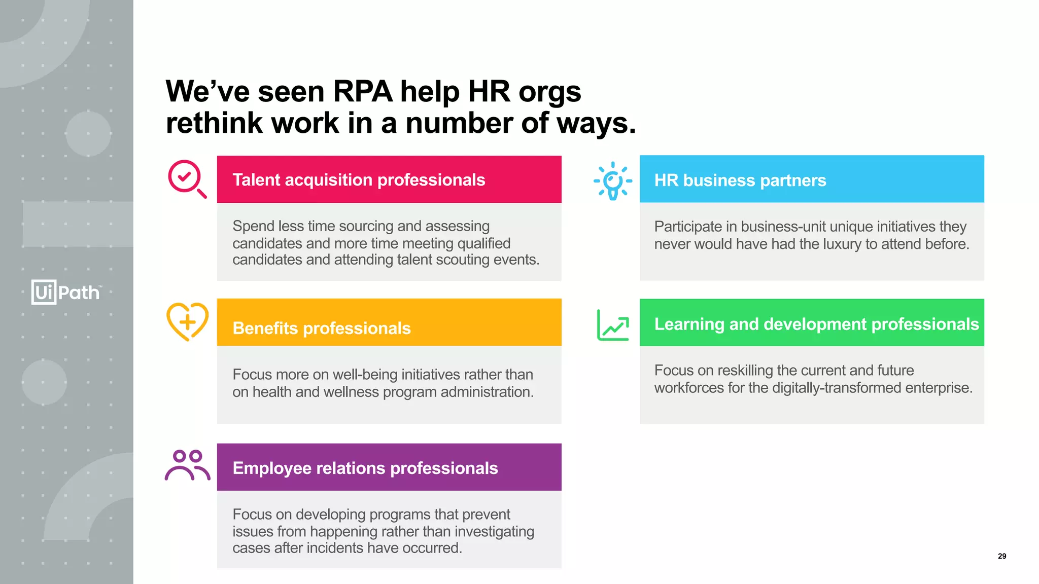 29
We’ve seen RPA help HR orgs
rethink work in a number of ways.
Benefits professionals
Focus more on well-being initiatives rather than
on health and wellness program administration.
Employee relations professionals
Focus on developing programs that prevent
issues from happening rather than investigating
cases after incidents have occurred.
HR business partners
Participate in business-unit unique initiatives they
never would have had the luxury to attend before.
Learning and development professionals
Focus on reskilling the current and future
workforces for the digitally-transformed enterprise.
Talent acquisition professionals
Spend less time sourcing and assessing
candidates and more time meeting qualified
candidates and attending talent scouting events.
 
