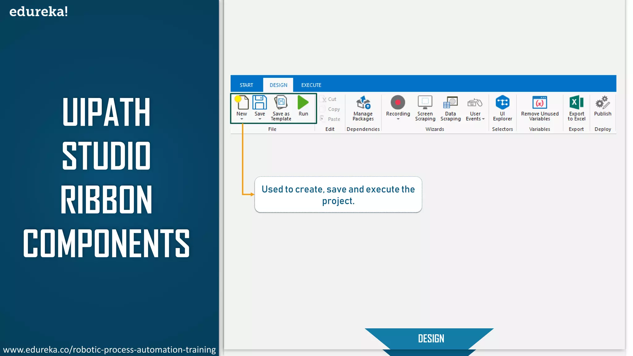 UIPATH
STUDIO
RIBBON
COMPONENTS
START
DESIGN
Used to create, save and execute the
project.
www.edureka.co/robotic-process-automation-training
 