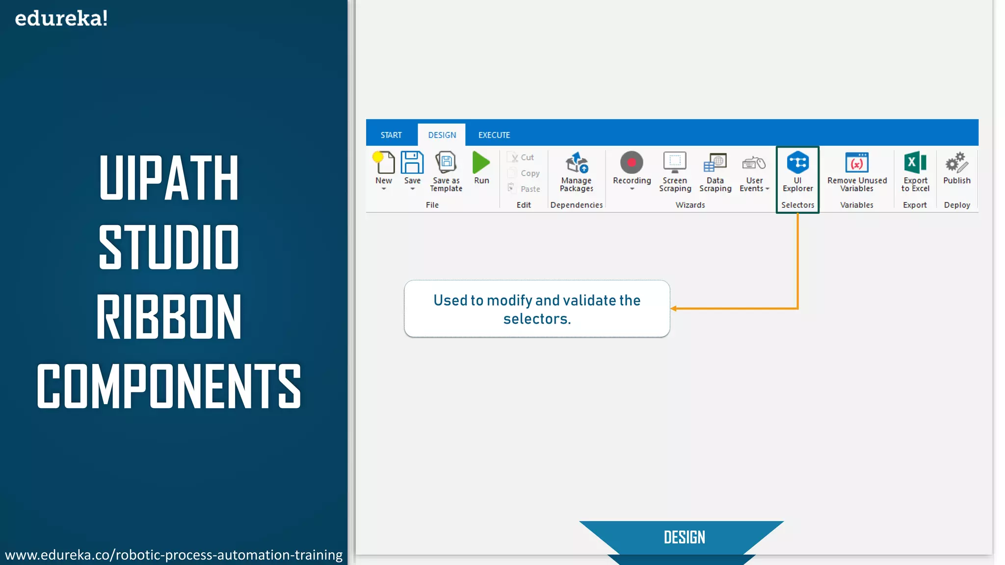 UIPATH
STUDIO
RIBBON
COMPONENTS
START
DESIGN
Used to modify and validate the
selectors.
www.edureka.co/robotic-process-automation-training
 