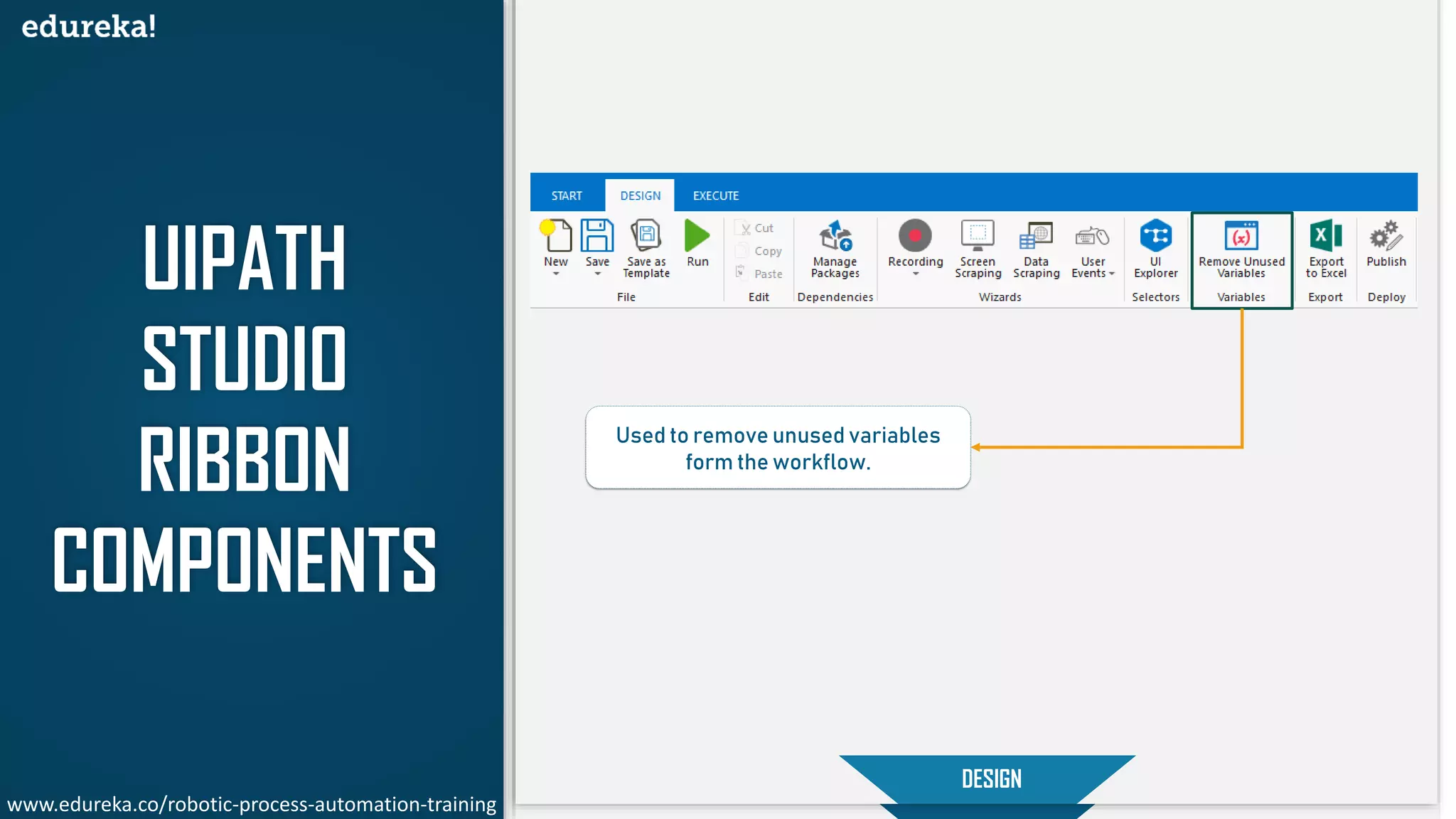 UIPATH
STUDIO
RIBBON
COMPONENTS
START
DESIGN
Used to remove unused variables
form the workflow.
www.edureka.co/robotic-process-automation-training
 