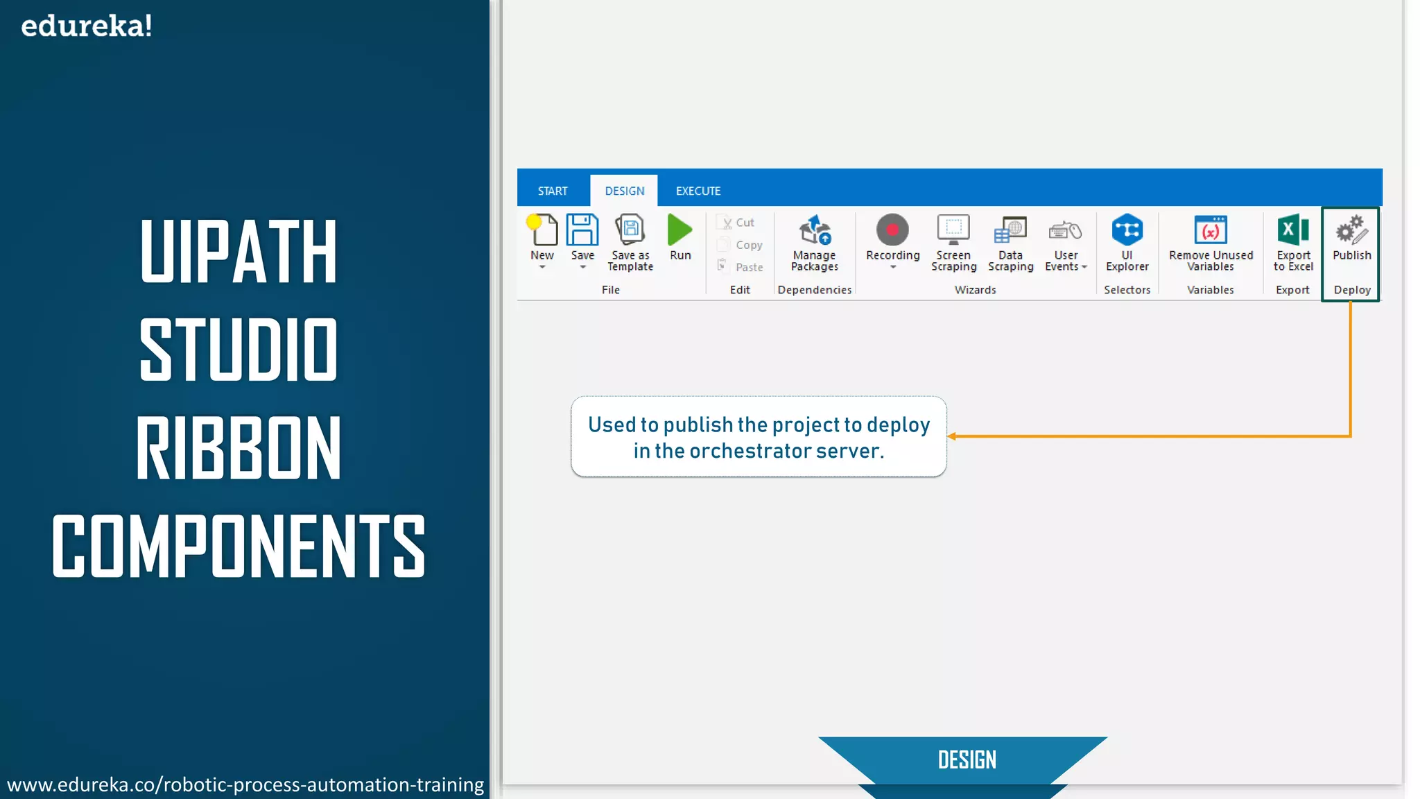 UIPATH
STUDIO
RIBBON
COMPONENTS
START
DESIGN
Used to publish the project to deploy
in the orchestrator server.
www.edureka.co/robotic-process-automation-training
 