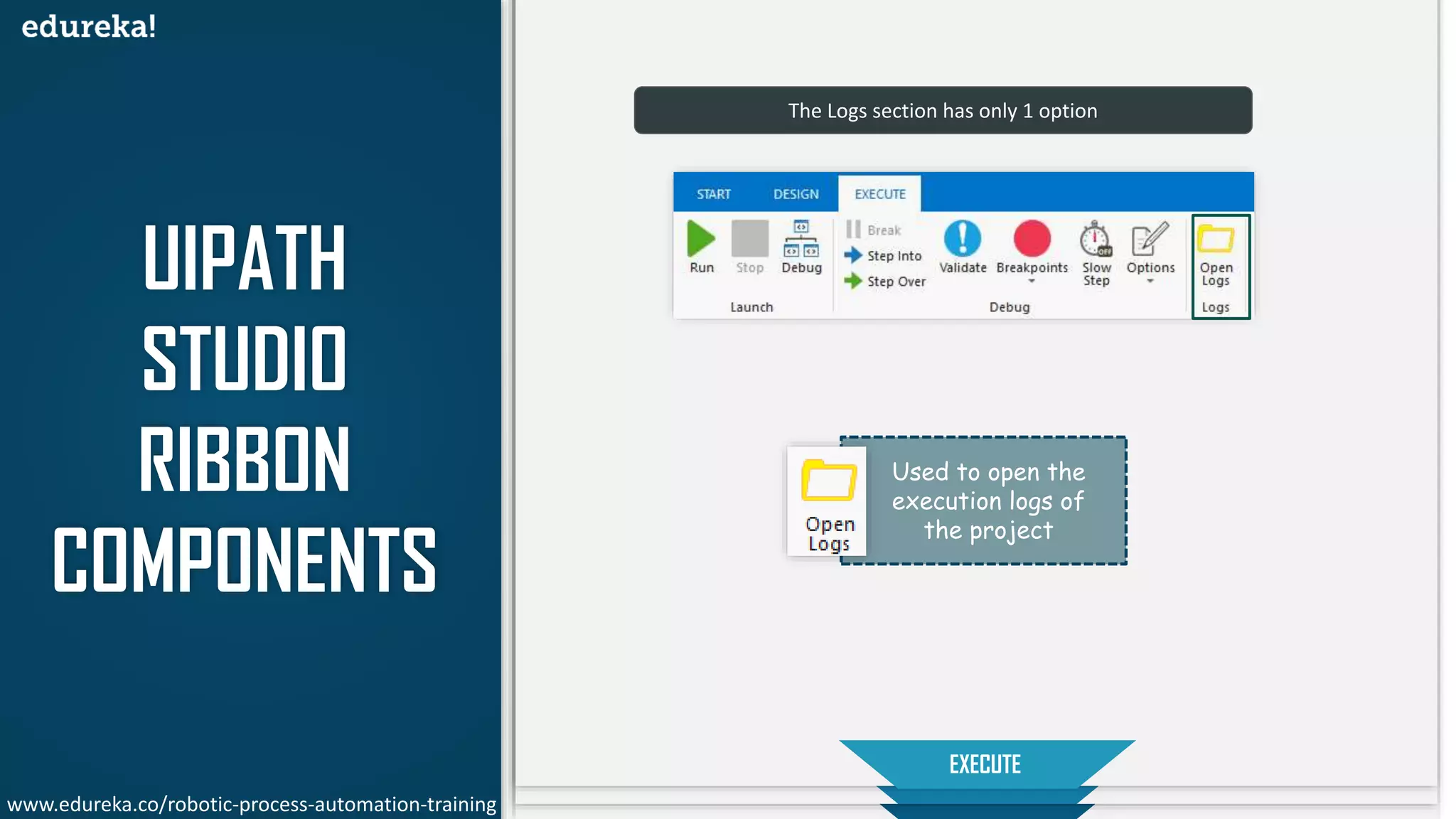 UIPATH
STUDIO
RIBBON
COMPONENTS
START
DESIGN
EXECUTE
Used to open the
execution logs of
the project
The Logs section has only 1 option
www.edureka.co/robotic-process-automation-training
 