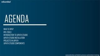 WHAT IS RPA?
RPA TOOLS
INTRODUCTION TO UIPATH STUDIO
UIPATH STUDIO INSTALLATION
UIPATH STUDIO COMPONENTS
PROJECTS IN UIPATH
www.edureka.co/robotic-process-automation-training
 