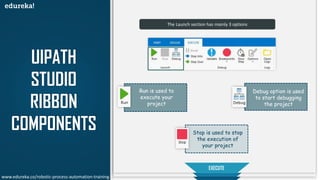 UIPATH
STUDIO
RIBBON
COMPONENTS
START
DESIGN
EXECUTE
Run is used to
execute your
project
Stop is used to stop
the execution of
your project
Debug option is used
to start debugging
the project
The Launch section has mainly 3 options
www.edureka.co/robotic-process-automation-training
 
