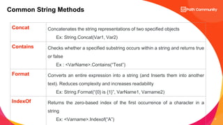 9
Common String Methods
Concat Concatenates the string representations of two specified objects
Ex: String.Concat(Var1, Va...