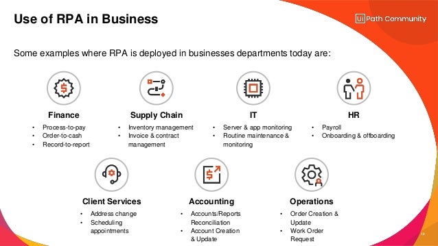 12
Some examples where RPA is deployed in businesses departments today are:
Use of RPA in Business
Finance
• Process-to-pay
• Order-to-cash
• Record-to-report
IT
• Server & app monitoring
• Routine maintenance &
monitoring
HR
• Payroll
• Onboarding & offboarding
Supply Chain
• Inventory management
• Invoice & contract
management
Client Services
• Address change
• Scheduling
appointments
Accounting
• Accounts/Reports
Reconciliation
• Account Creation
& Update
Operations
• Order Creation &
Update
• Work Order
Request
 