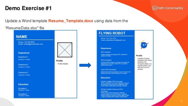 35
Update a Word template Resume_Template.docx using data from the
“ResumeData.xlsx" file
Demo Exercise #1
 