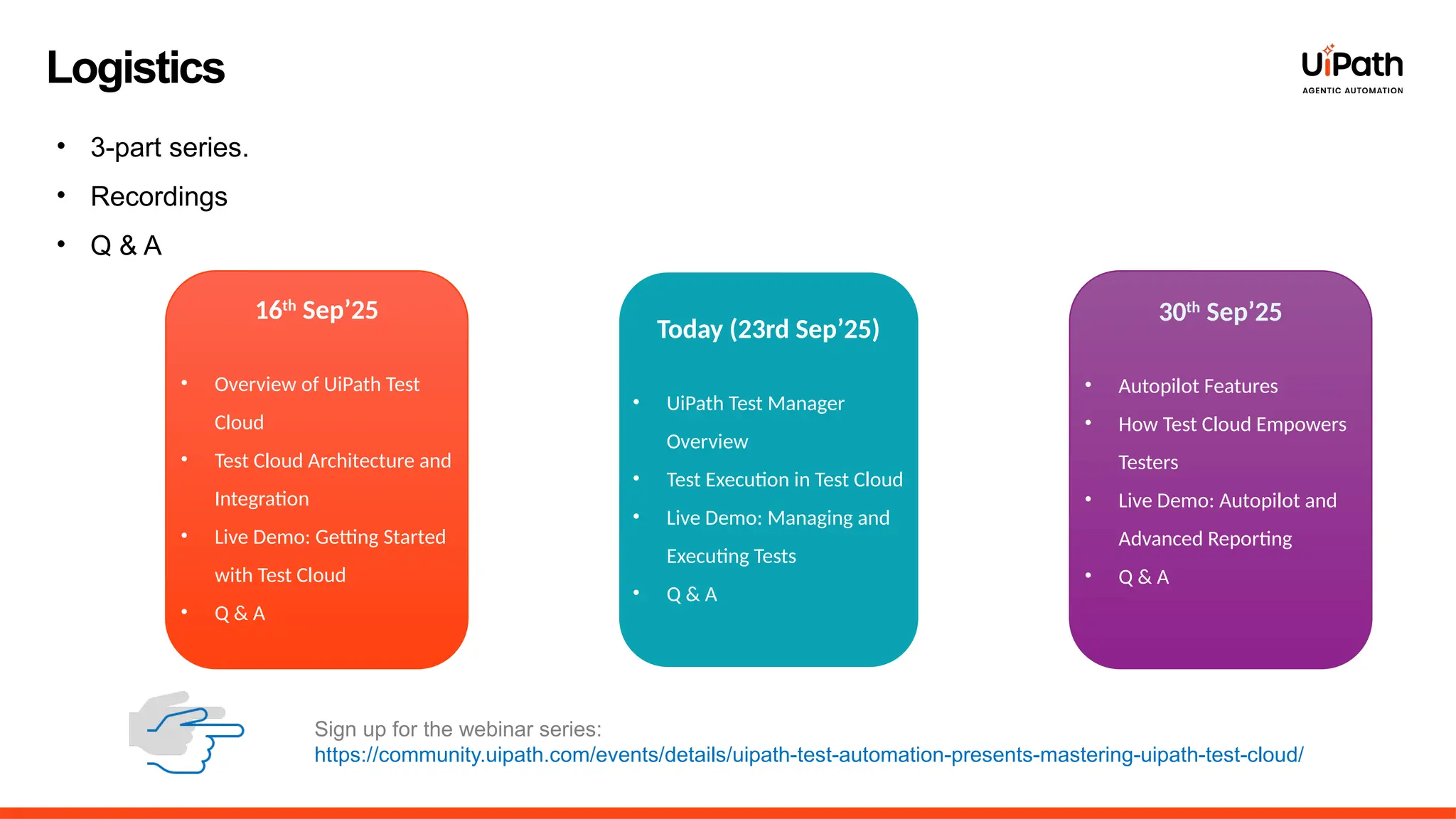 Logistics
Sign up for the webinar series:
https://community.uipath.com/events/details/uipath-test-automation-presents-mastering-uipath-test-cloud/
16th
Sep’25
• Overview of UiPath Test
Cloud
• Test Cloud Architecture and
Integration
• Live Demo: Getting Started
with Test Cloud
• Q & A
Today (23rd Sep’25)
• UiPath Test Manager
Overview
• Test Execution in Test Cloud
• Live Demo: Managing and
Executing Tests
• Q & A
30th
Sep’25
• Autopilot Features
• How Test Cloud Empowers
Testers
• Live Demo: Autopilot and
Advanced Reporting
• Q & A
• 3-part series.
• Recordings
• Q & A
 