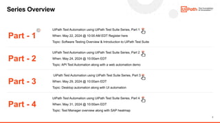 2
Series Overview
Part - 1
Part - 2
Part - 3
Part - 4
UiPath Test Automation using UiPath Test Suite Series, Part 1
When: May 22, 2024 @ 10:00 AM EDT Register here
Topic: Software Testing Overview & Introduction to UiPath Test Suite
UiPath Test Automation using UiPath Test Suite Series, Part 2
When: May 24, 2024 @ 10:00am EDT
Topic: API Test Automation along with a web automation demo
UiPath Test Automation using UiPath Test Suite Series, Part 3
When: May 29, 2024 @ 10:00am EDT
Topic: Desktop automation along with UI automation
UiPath Test Automation using UiPath Test Suite Series, Part 4
When: May 31, 2024 @ 10:00am EDT
Topic: Test Manager overview along with SAP heatmap
 