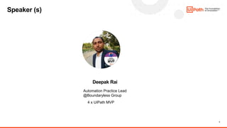 4
Deepak Rai
Automation Practice Lead
@Boundaryless Group
4 x UiPath MVP
Speaker (s)
 