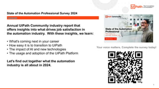 7
State of the Automation Professional Survey 2024
Annual UiPath Community industry report that
offers insights into what drives job satisfaction in
the automation industry. With these insights, we learn:
• What's coming next in your career
• How easy it is to transition to UiPath
• The impact of AI and new technologies
• The usage and adoption of the UiPath Platform
Let's find out together what the automation
industry is all about in 2024.
Survey link
Your voice matters. Complete the survey today!
 