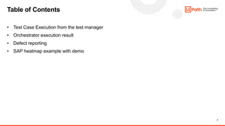 9
• Test Case Execution from the test manager
• Orchestrator execution result
• Defect reporting
• SAP heatmap example with demo
Table of Contents
 