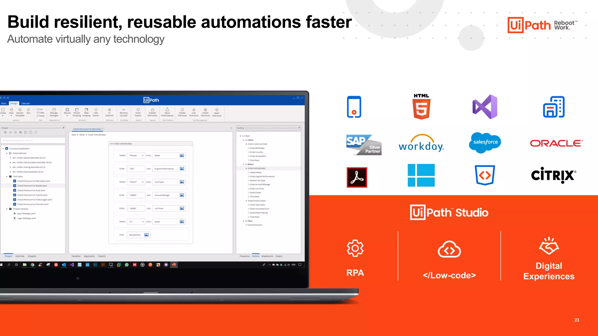 23
Build resilient, reusable automations faster
Automate virtually any technology
RPA </Low-code>
23
Digital
Experiences
 