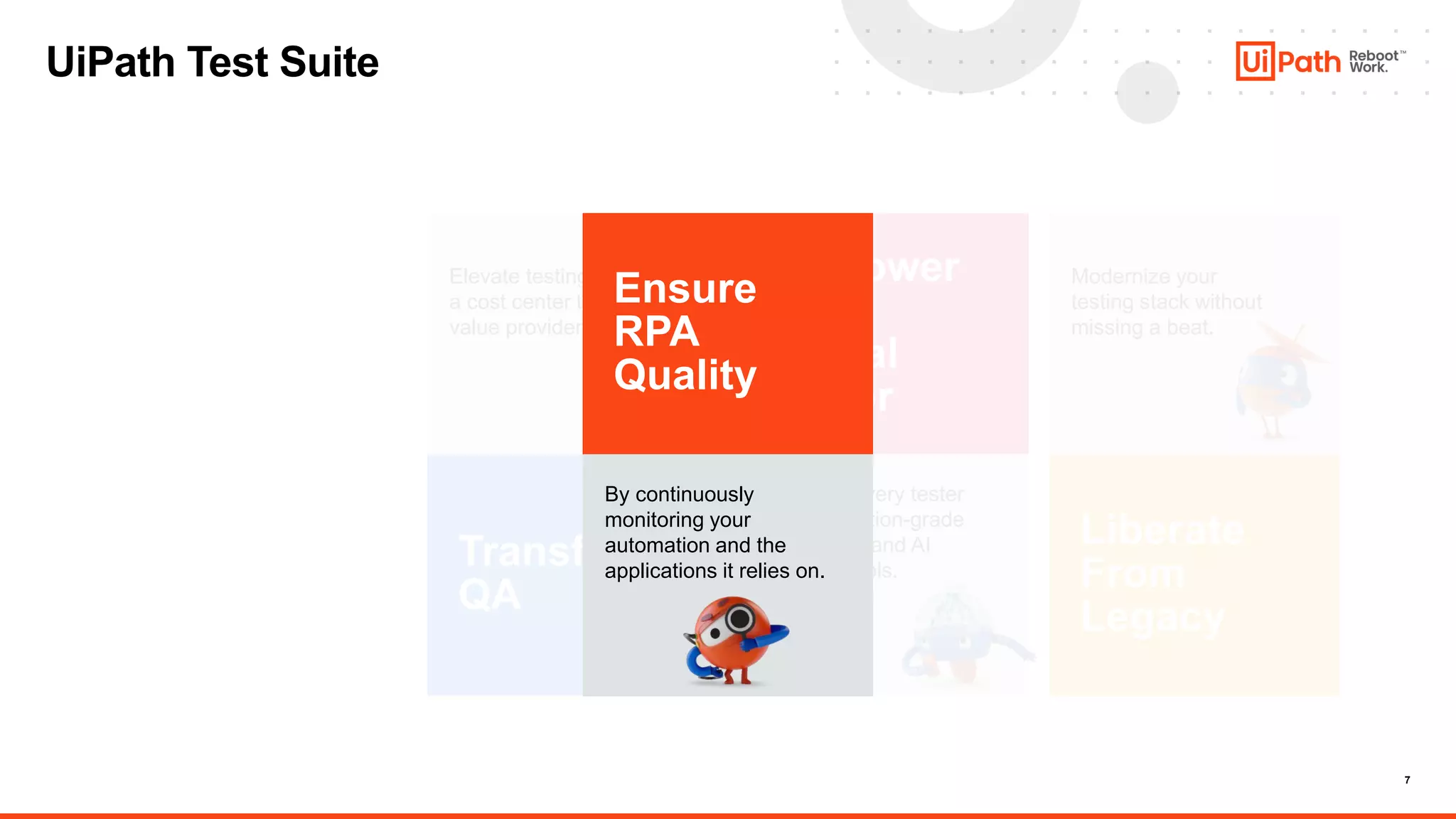 7
Empower
The
Digital
Tester
Transform
QA
Liberate
From
Legacy
Elevate testing from
a cost center to
value provider.
Modernize your
testing stack without
missing a beat.
Surround every tester
with production-grade
automation and AI
powered tools.
Ensure
RPA
Quality
By continuously
monitoring your
automation and the
applications it relies on.
UiPath Test Suite
 