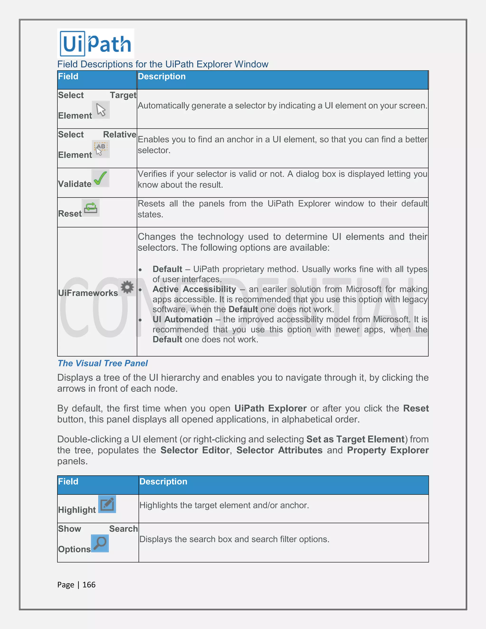 Page | 166
Field Descriptions for the UiPath Explorer Window
Field Description
Select Target
Element
Automatically generate a selector by indicating a UI element on your screen.
Select Relative
Element
Enables you to find an anchor in a UI element, so that you can find a better
selector.
Validate
Verifies if your selector is valid or not. A dialog box is displayed letting you
know about the result.
Reset
Resets all the panels from the UiPath Explorer window to their default
states.
UiFrameworks
Changes the technology used to determine UI elements and their
selectors. The following options are available:
 Default – UiPath proprietary method. Usually works fine with all types
of user interfaces.
 Active Accessibility – an eariler solution from Microsoft for making
apps accessible. It is recommended that you use this option with legacy
software, when the Default one does not work.
 UI Automation – the improved accessibility model from Microsoft. It is
recommended that you use this option with newer apps, when the
Default one does not work.
The Visual Tree Panel
Displays a tree of the UI hierarchy and enables you to navigate through it, by clicking the
arrows in front of each node.
By default, the first time when you open UiPath Explorer or after you click the Reset
button, this panel displays all opened applications, in alphabetical order.
Double-clicking a UI element (or right-clicking and selecting Set as Target Element) from
the tree, populates the Selector Editor, Selector Attributes and Property Explorer
panels.
Field Description
Highlight
Highlights the target element and/or anchor.
Show Search
Options
Displays the search box and search filter options.
 