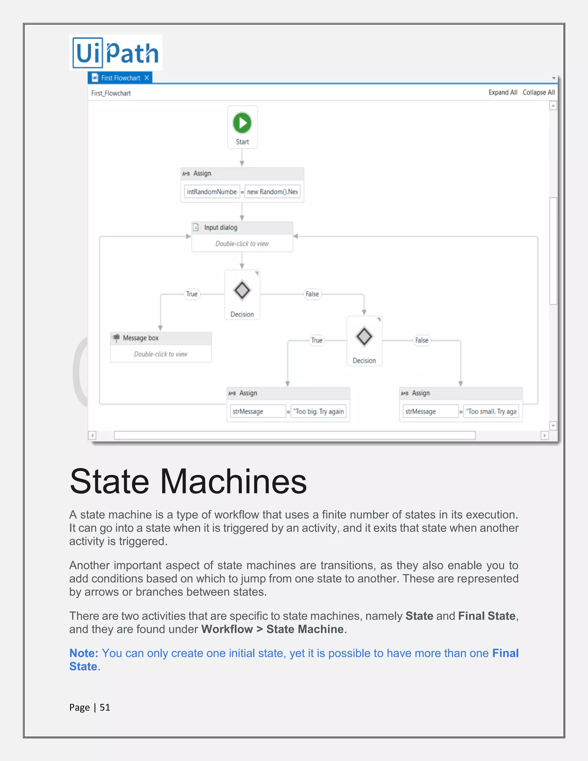 Page | 51
State Machines
A state machine is a type of workflow that uses a finite number of states in its execution.
It can go into a state when it is triggered by an activity, and it exits that state when another
activity is triggered.
Another important aspect of state machines are transitions, as they also enable you to
add conditions based on which to jump from one state to another. These are represented
by arrows or branches between states.
There are two activities that are specific to state machines, namely State and Final State,
and they are found under Workflow > State Machine.
Note: You can only create one initial state, yet it is possible to have more than one Final
State.
 