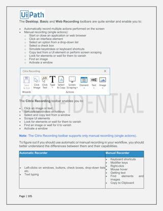 Page | 105
The Desktop, Basic and Web Recording toolbars are quite similar and enable you to:
 Automatically record multiple actions performed on the screen
 Manual recording (single actions):
o Start or close an application or web browser
o Click an interface element
o Select an option from a drop-down list
o Select a check box
o Simulate keystrokes or keyboard shortcuts
o Copy text from a UI element or perform screen scraping
o Look for elements or wait for them to vanish
o Find an image
o Activate a window
The Citrix Recording toolbar enables you to:
 Click an image or text
 Simulate keystrokes or hotkeys
 Select and copy text from a window
 Scrape UI elements
 Look for elements or wait for them to vanish
 Find an image or wait for it to vanish
 Activate a window
Note: The Citrix Recording toolbar supports only manual recording (single actions).
To figure out if you should use automatic or manual recording in your workflow, you should
better understand the differences between them and their capabilities.
Automatic Recorder Manual Recorder
 Left-clicks on windows, buttons, check boxes, drop-down lists
etc.
 Text typing
 Keyboard shortcuts
 Modifier keys
 Right-click
 Mouse hover
 Getting text
 Find elements and
images
 Copy to Clipboard
 