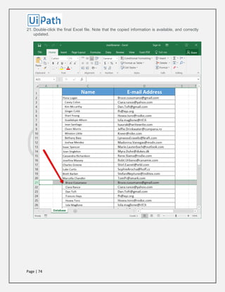 Page | 74
21. Double-click the final Excel file. Note that the copied information is available, and correctly
updated.
 