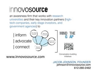 an awareness ﬁrm that works with research
universities and their key innovation partners (high-
tech companies, early stage investors, and
government agencies) to"

 | inform

 | advocate

 | connect
Early Stage
Investors!
High-tech
Companies!
Government
Agencies!
Research
Universities!
Conversation-building 
initiatives!www.gapfunding.org!www.innovosource.com	
  
JACOB JOHNSON, FOUNDER!
johnson@innovosource.com"
612-280-2462"
 