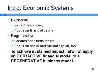 Intro: Economic Systems
 Extractive
 Extract resources;
 Focus on financial capital
 Regenerative
 Creates conditions for life
 Focus on social and natural capital, too
 To achieve sustained impact, let’s not apply
an EXTRACTIVE financial model to a
REGENERATIVE business model.
5
P
 