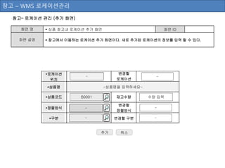 창고– 로케이션 관리 (추가 화면)
화면 명  상품 창고내 로케이션 추가 화면 화면 ID
화면 설명  창고에서 이용하는 로케이션 추가 화면이다. 새로 추가된 로케이션의 정보를 입력 할 수 있다.
추가
창고 – WMS 로케이션관리
-상품명을 입력하세요-
-
*상품명
변경할
로케이션
*로케이션
위치
변경할
정렬방식
*구분 -
-
*상품코드 재고수량B0001 수량 입력
*정렬방식 -
변경할 구분 -
-
취소
 