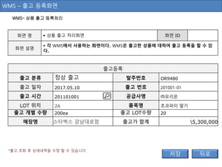 일반 출고
출고등록
출고 분류 발주번호 OR9480
출고 일자 2017.05.10 출고 번호 201001-01
출고 시간 201101001 공급사명 ㈜오리온
LOT 위치 2A 품목명 초코파이 딸기
출고 개별 수량 200ea 출고 LOT수량 20
매장명 스타벅스 강남대로점 출고가 합계 5,300,000
WMS– 상품 출고 등록처리
화면 명  상품 출고 처리화면 화면 ID
화면 설명
 각 WMS에서 사용하는 화면이다. WMS은 출고한 상품에 대하여 출고 등록을 할 수 있
다.
WMS – 출고 등록화면
*출고 조회 후 상세내역을 수정 할 수 있습니다.
정상 출고
 