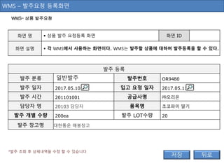 발주 등록
발주 분류 발주번호 OR9480
발주 일자 2017.05.10 입고 요청 일자 2017.05.11
발주 시간 201101001 공급사명 ㈜오리온
담당자 명 20103 담당자 품목명 초코파이 딸기
발주 개별 수량 200ea 발주 LOT수량 20
발주 창고명 대한통운 매봉창고
일반 발주
화면 명  상품 발주 요청등록 화면 화면 ID
화면 설명  각 WMS에서 사용하는 화면이다. WMS는 발주할 상품에 대하여 발주등록을 할 수 있다.
WMS – 발주요청 등록화면
*발주 조회 후 상세내역을 수정 할 수 있습니다.
WMS– 상품 발주요청
일반발주
 