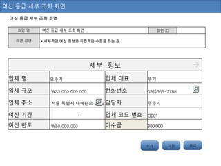 여신 등급 세부 조회 화면
여신 등급 세부 조회 화면
화면 명 여신 등급 세부 조회 화면 화면 ID
화면 설명  세부적인 여신 정보와 직접적인 수정을 하는 창
수정 저장 저장종료
세부 정보
업체 명 오뚜기 업체 대표 뚜기
업체 규모 33,000,000.000 전화번호 031)665-7788
업체 주소 서울 특별시 테헤란로 26-3담당자 뚜뚜기
여신 기간 - 업체 코드 번호 O001
여신 한도 50,000,000 미수금 300,000
 