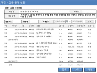 매장 – 상품 판매 현황
매장– 상품 판매현황
구분 거래일자 시간 상품코드 상품명 상품수량 공급가액 총 판매 금액 결제 수단
판매 2017-05-10AM 2:59 AA0101 미래생활 데코 3겹 30롤 30 ea ₩1,900 ₩3,900 현금
판매 2017-05-10AM 2:59 AA0102 Cj 조개다시다 300g 12 ea ₩3,200 ₩8,200 카드
판매 2017-05-10AM 2:59 AA0103 샴푸 프로모 100페소 4 ea ₩2,540 ₩12,540 카드
2017-05-10 계 36 ea ₩7,640 ₩24,640
판매 2017-05-13AM 2:62 AA0104 LG 샤프란 코트앤크림 300ml 30 ea ₩4,300 ₩7,300 현금
판매 2017-05-14AM 2:63 AA0105 농심신라면 5개입 12 ea ₩284,000 ₩384,000 현금
판매 2017-05-15AM 2:64 AA0106 후라보노 민트맛 4 ea ₩19,000 ₩29,000 카드
판매 2017-05-16AM 2:65 AA0107 삼각김밥 참치김치맛 27 ea ₩12,800 ₩14,800 카드
판매 2017-05-17AM 2:66 AA0108 박카스12개입 36 ea ₩16,800 ₩28,800 현금
2017-05-17 계 436 ea ₩77,640 ₩824,640
누계 959ea 219.000 899,000
상품코드 상품명 거래일자 검색2017-05-09 ~ 2017-05-11
화면 명  상품 판매 현황 조회 화면 화면 ID
화면 설명
 각 매장에서 사용하는 화면이다. 본 화면을 통해 매장은 판매현황을 조회, 삭제하고, 판매 정보 등록 혹은 수정
요청을 할 수 있다.
 