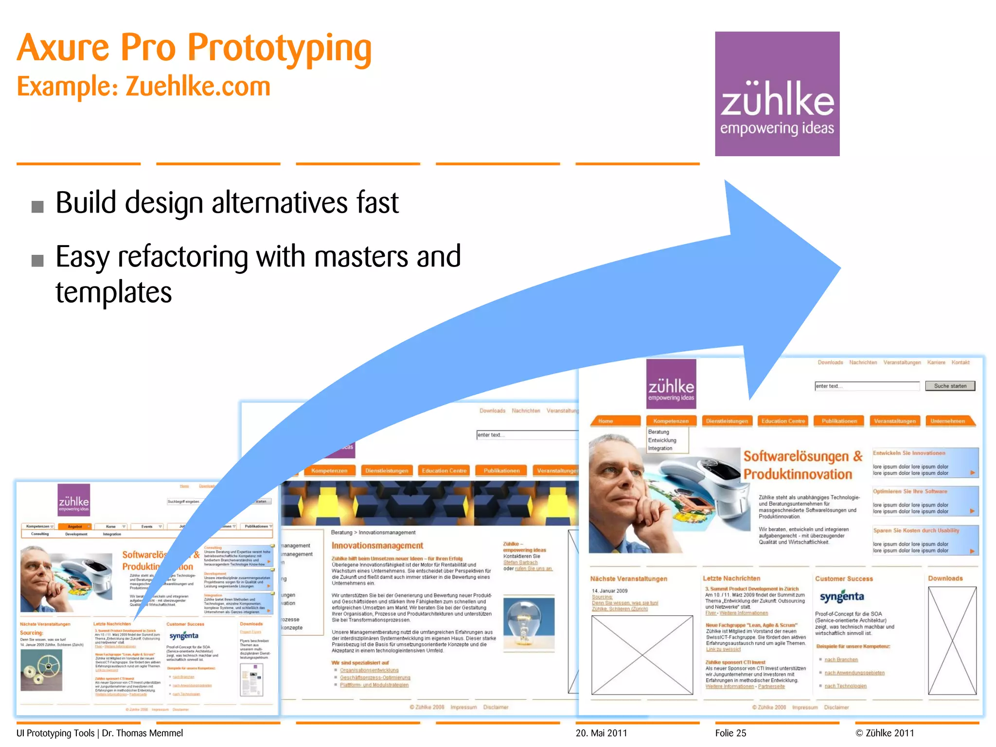 Axure Pro Prototyping
Example: Zuehlke.com



  •      Build design alternatives fast
  •      Easy refactoring with masters and
         templates




UI Prototyping Tools | Dr. Thomas Memmel     20. Mai 2011   Folie 25   © Zühlke 2011
 