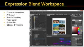  Document windows
 Artboard
 SketchFlow Map
 Tools panel
 Properties
 Objects &Timeline
 
