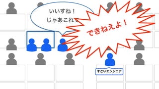 すごいエンジニア 
いいすね！ 
じゃあこれで 
できねえよ！ 
 